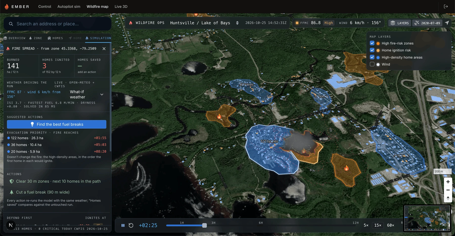 Ember wildfire-exposure dashboard with a map, fuel and population overlays, mitigation actions and fire-spread simulation timeline