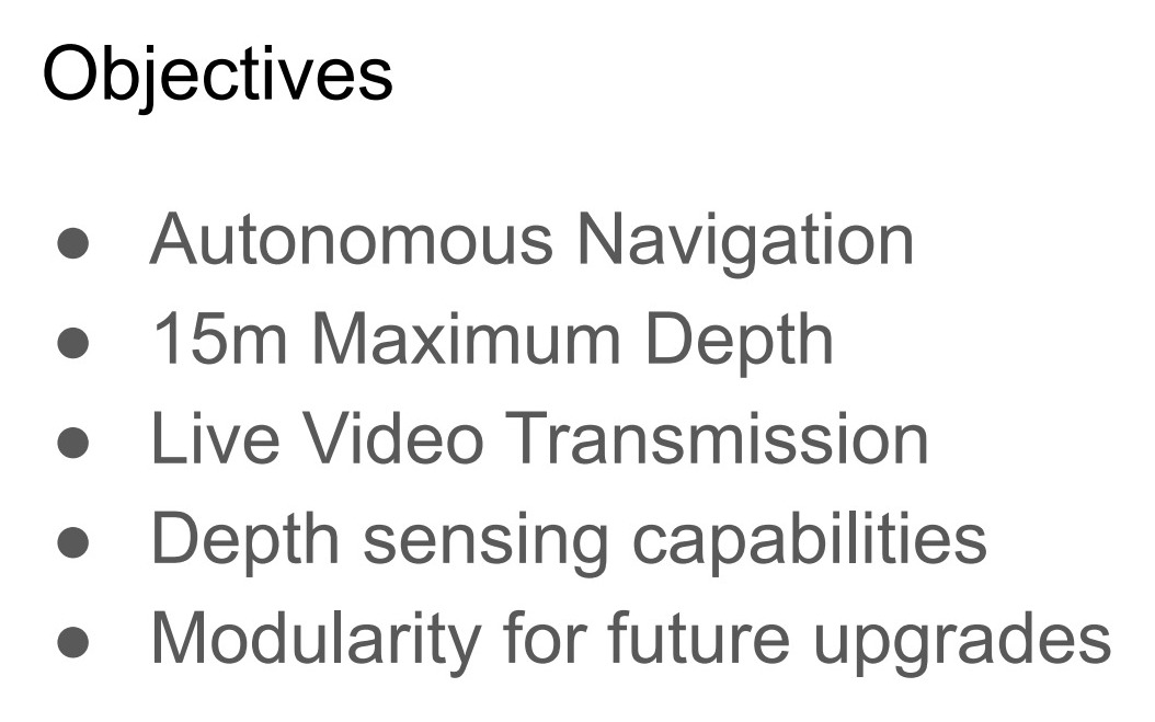 AUV objectives slide listing autonomy, 15 meter depth, live video, depth sensing, and modular upgrades