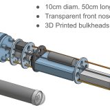 Cropped AUV exploded mechanical view showing the PVC hull, transparent nose cone, and 3D printed bulkheads and tail cone