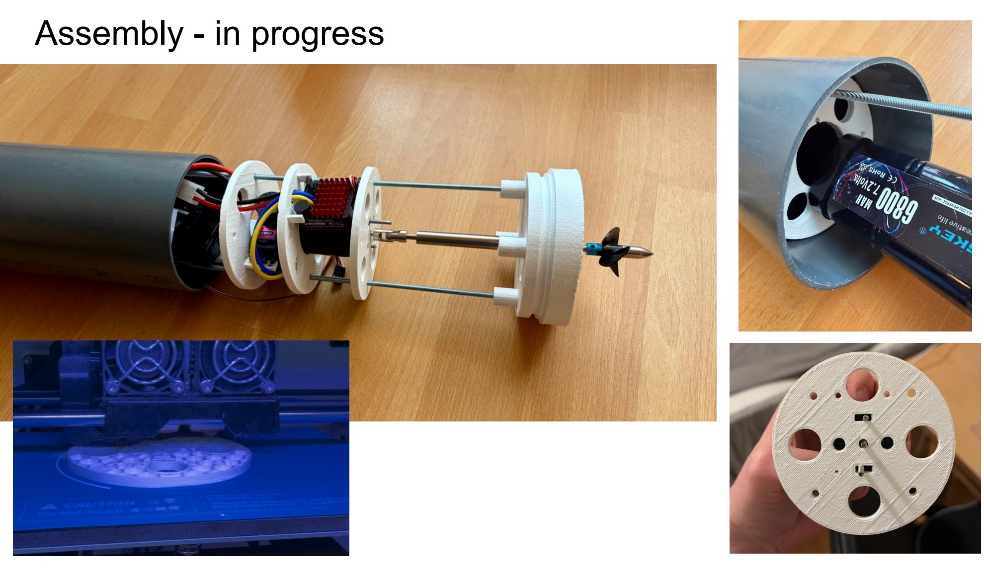 AUV assembly progress collage with hull sections, printed parts, and in-progress build photos