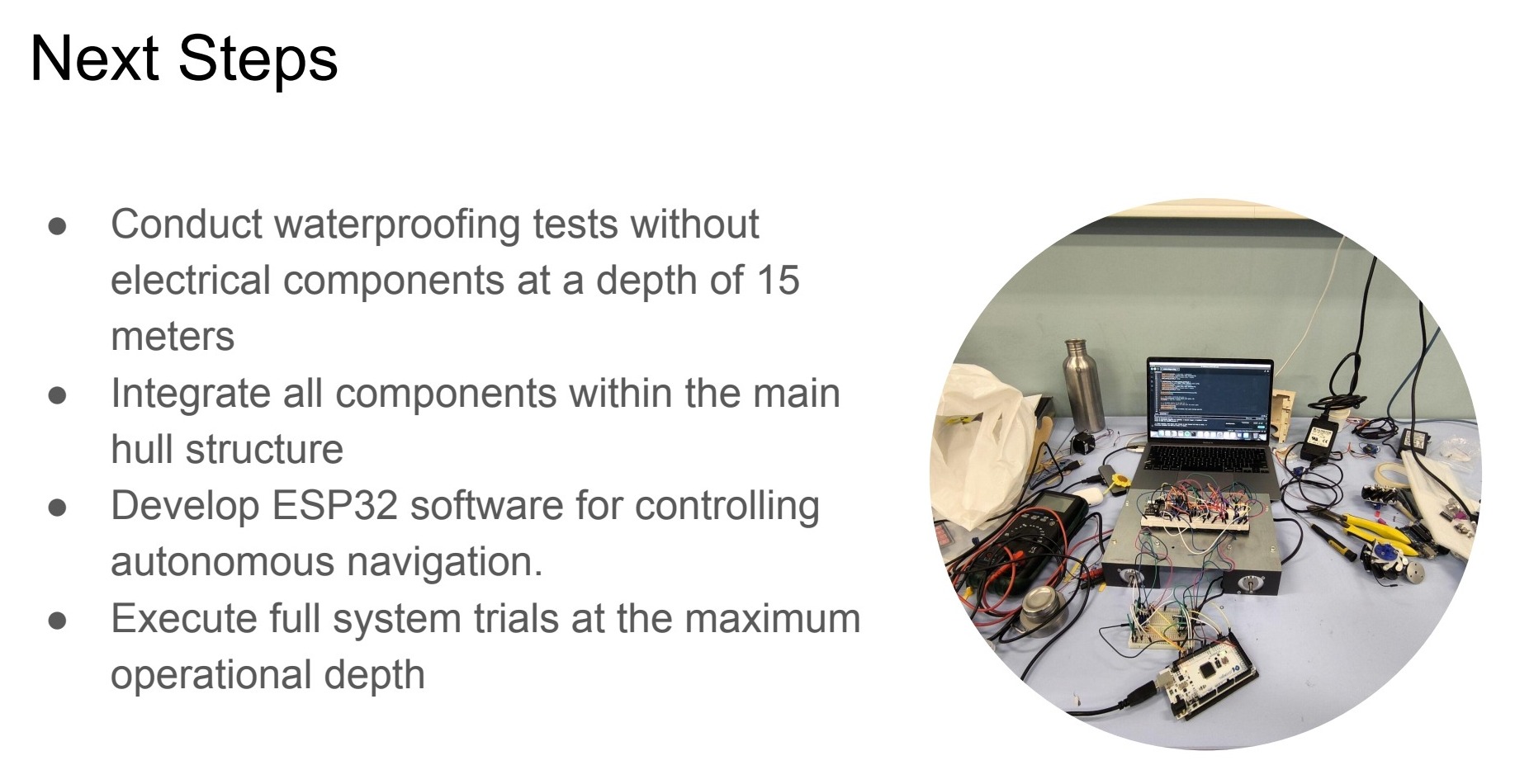 AUV next steps slide listing waterproofing, integration, software development, and full system trials